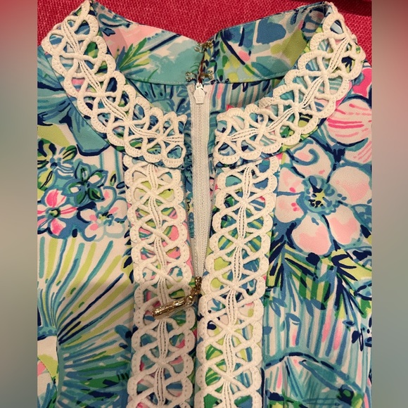 Lilly Pulitzer shift dress short sleeve blue and pink floral with cording - Picture 4 of 12